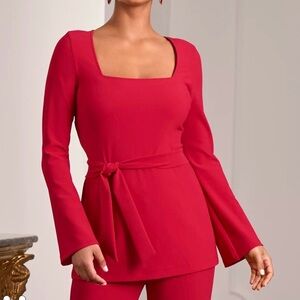 Boston Proper Beyond Travel Red Flare Bell Sleeve Belted Top Shirt Medium NWT